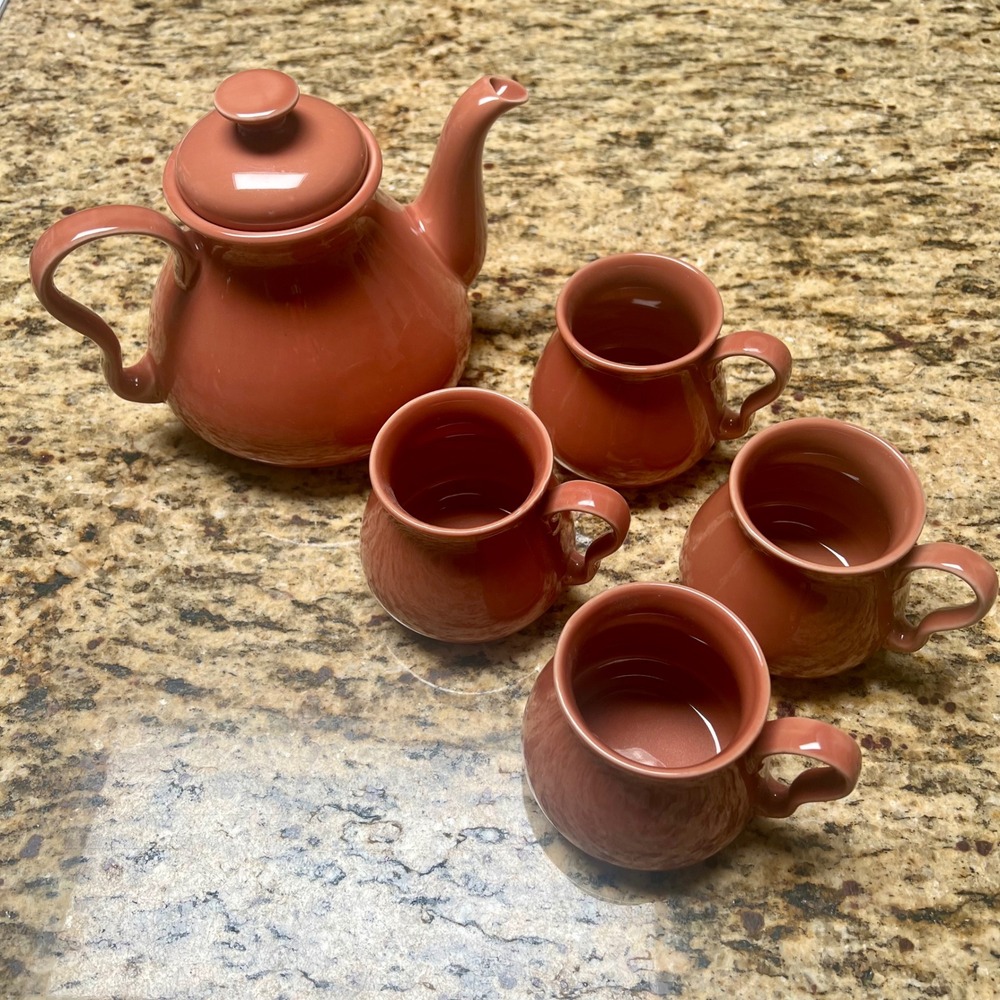 Vintage Terracotta Ceramic Teapot and 4 Mug Tea Set Glossy Coral Rust
